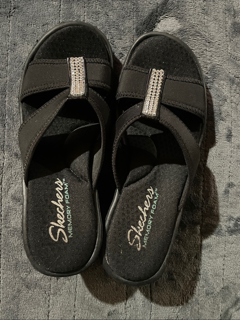 Skechers Black Slip-On Memory Foam Mules with Rhinestone Strap